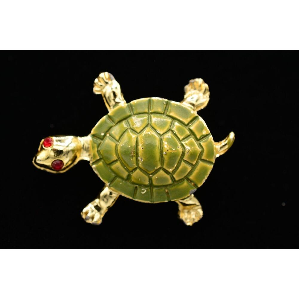Vintage Turtle Pin Brooch Green Enamel Red Rhinestone Gold Tone 1980s BinAQ